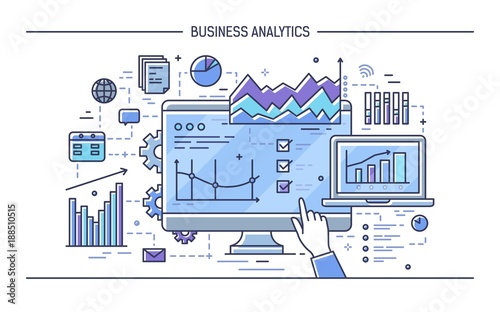 Finger pointing at computer display with different diagrams, charts and graphs