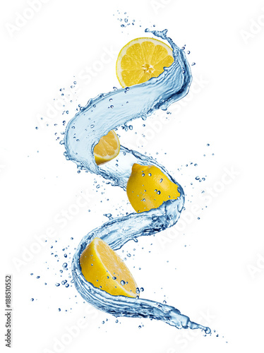 Pieces of lemons in water splashes isolated on white background