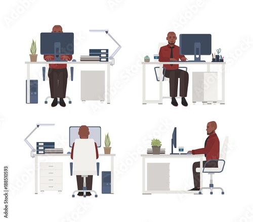 Man working on computer at workplace. Male office worker sitting in chair at desk. Flat cartoon character isolated on white background. Front, side and back views. Modern colorful vector illustration.