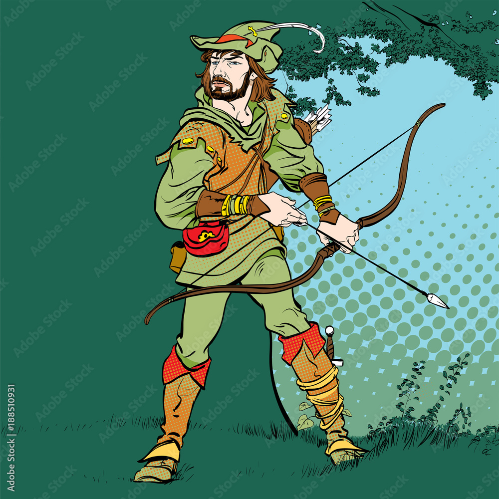 Vecteur Stock Robin Hood standing with bow and arrows. Robin Hood in  ambush. Defender of weak. Medieval legends. Heroes of medieval legends.  Halftone background.