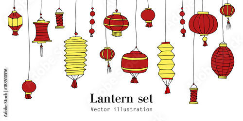 Chinese New Year decorative cartoon elements. Set of Chinese paper street hand drawn lanterns. Traditional asian festival decorations. Vector illustration. Sketch doodle red lanterns.