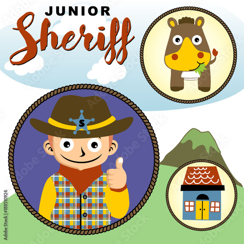 Junior sheriff cartoon with, horse, home, on landscape background