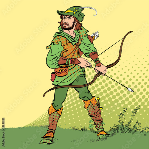 Robin Hood standing with bow and arrows. Robin Hood in ambush. Defender of weak. Medieval legends. Heroes of medieval legends. Halftone background.