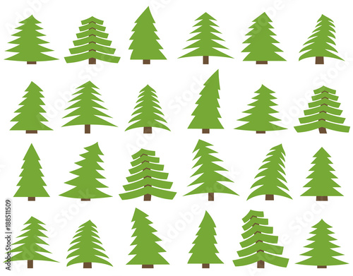 Set of twenty four green pines on a white background. Vector illustration  