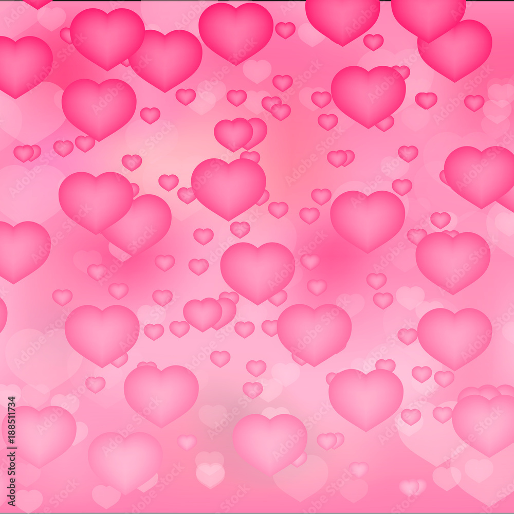 Soft pink hearts confetti background. Valentine’s day shiny greeting card. Romantic vector illustration. Easy to edit design template.