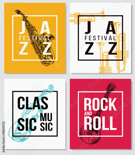  Music background. Colorful jazz festival. Rock and roll, classic music poster design. Vector illustration