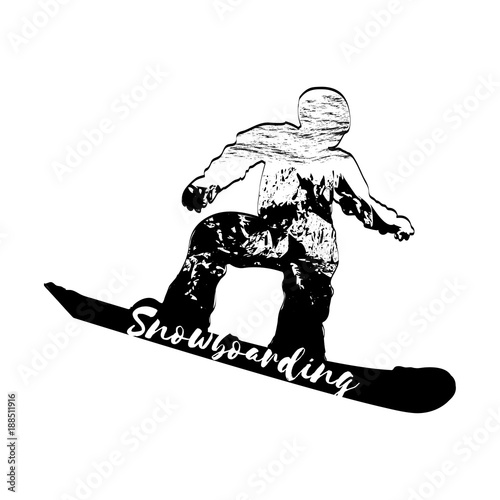 Double exposure. Winter sport. Snowboarder. Vector isolate. Black and white sample.