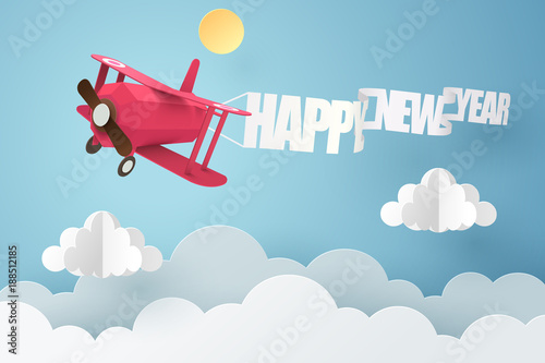 Paper art of red plane pull a happy new year flag flying in the sky