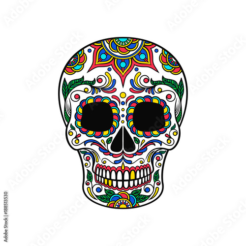 Mexican sugar skull with colorful floral ornament, Dia de Muertos vector Illustration