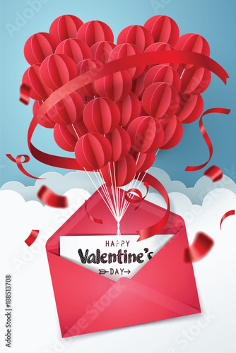 Paper art of group of red balloons combine to heart shape pop from envelope mail, origami and happy valentine's day concept