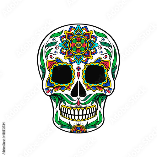 Mexican sugar skull with colorful floral pattern, Dia de Muertos vector Illustration