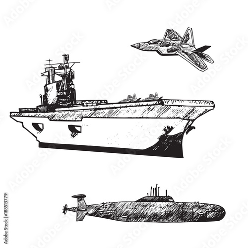 Aircraft carrier typical with Military airplane Raptor on board and fly over and submarine under, hand drawn doodle sketch, isolated vector outline army collection illustration