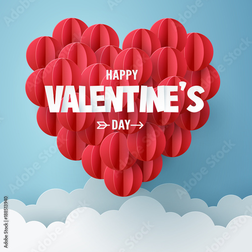 Paper art of the group of balloon combine to be heart shape with happy valentine's day text