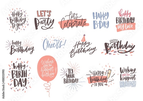 Wall Mural Collection of colorful birthday wishes or hand drawn lettering decorated with festive elements - party hat, glass of champagne, balloon, confetti