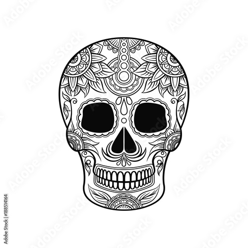 Mexican sugar skull with floral ornament, Day of the death black and white vector Illustration