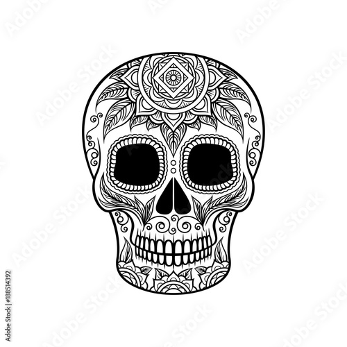 Sugar skull with floral ornament, Dia de Muertos black and white vector Illustration