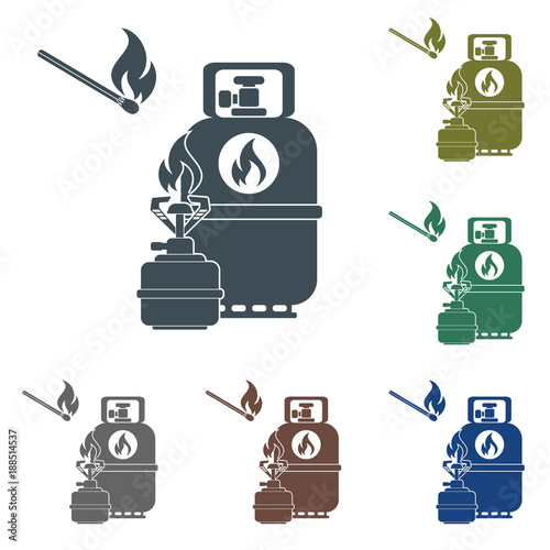 Camping stove with gas bottle icon vector