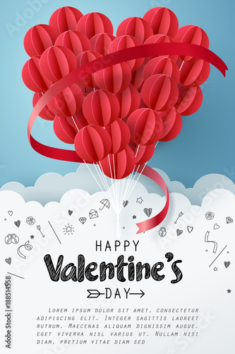 Paper art of group of red balloons combine to heart shape with doodles love icon and copy space, origami and happy valentine's day concept