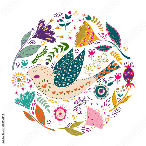 Art set vector colorful illustration with beautiful birds and flowers. Art poster for decoration your interior and for use in your unique design. Scandinavian style. Folk art.