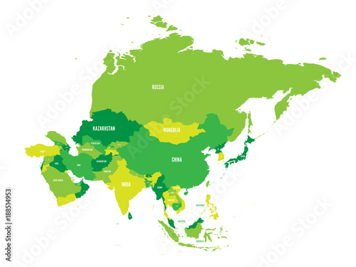 Political map of Asia continent in shades of green. Vector illustration.