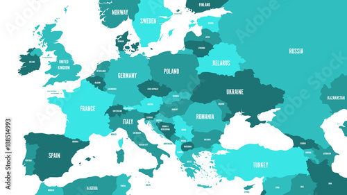 Political map of Europe and Caucasian region in shades of green on white background. Simple flat vector illustration.