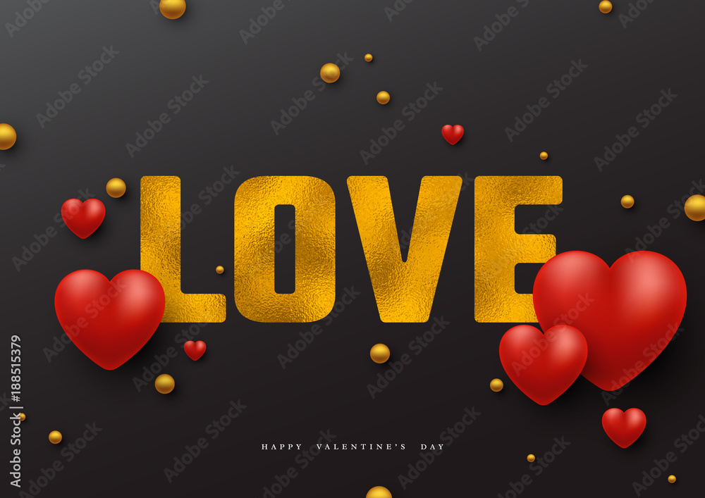 Valentine's day holiday background. Glitter word love with foil effect and  3d hearts. Decorative elements for holiday design. Vector illustration.  Stock Vector | Adobe Stock