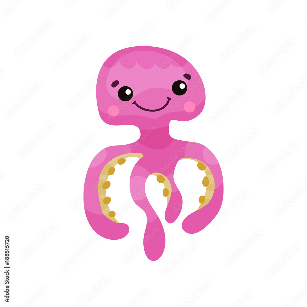 Cute pink octopus cartoon character, funny underwater animal vector Illustration