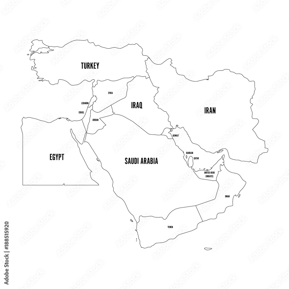 Political map of Middle East, or Near East. Simple flat outline vector ilustration.