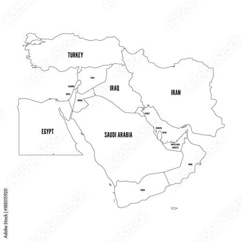 Political map of Middle East  or Near East. Simple flat outline vector ilustration.