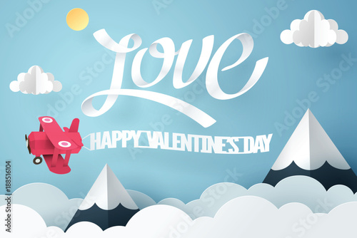 Paper art of Love and  happy Valentine's day with red plane flying in the sky