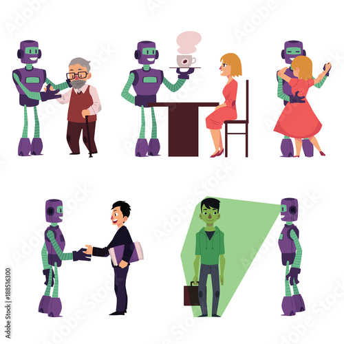 Set of robot assistants helping people, cartoon vector illustration isolated on white background. Robot assistants helping old man, serving coffee, dancing, making business, doing security scan