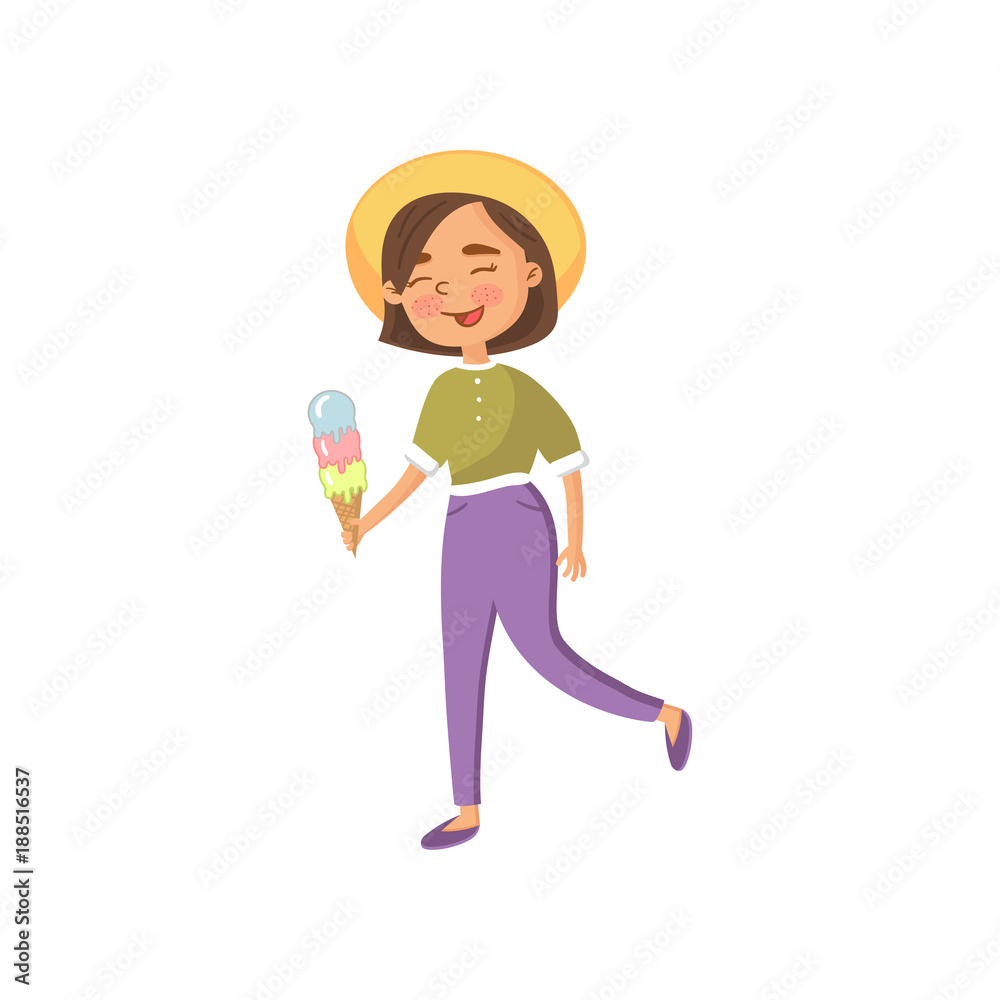 Smiling young woman in a hat walking and eating ice cream cartoon vector Illustration Smiling young woman in a hat walking and eating ice cream cartoon vector Illustration