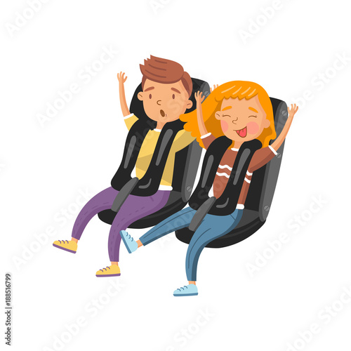 People sitting on roller coaster seats, young woman and man having fun on amusement park, cartoon vector Illustration