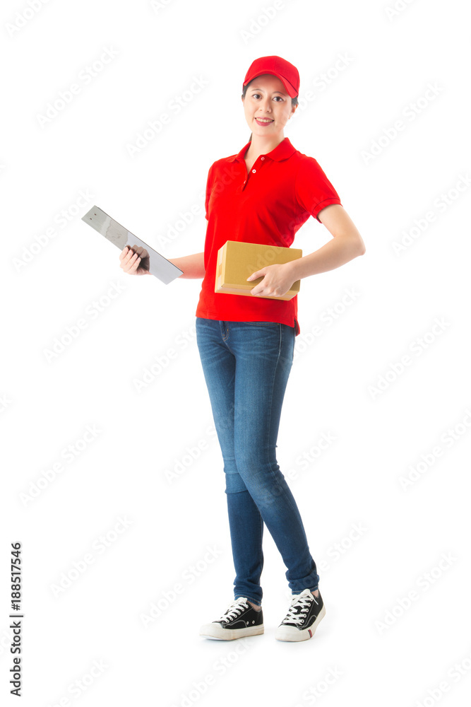 young female delivery worker holding small package young female delivery worker holding small package