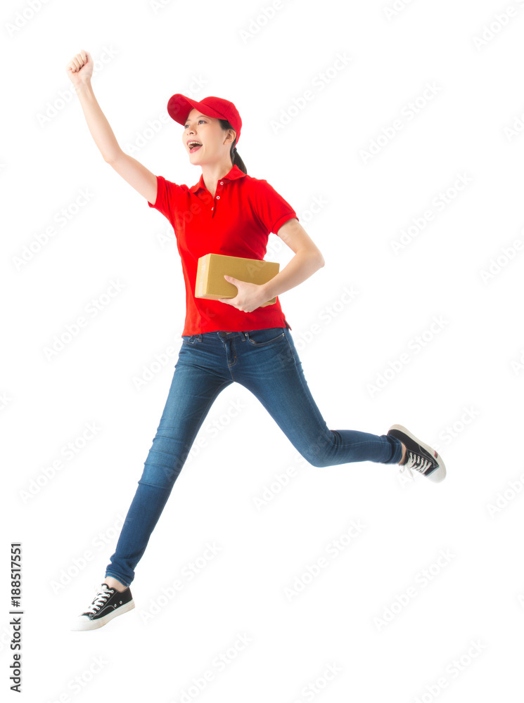 full length photo of happy female delivery worker full length photo of happy female delivery worker