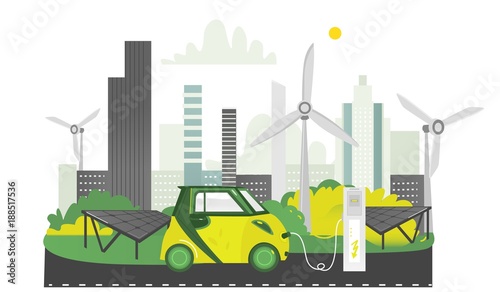 Alternative energy electric vehicle charging station, solar panels and windmills, flat cartoon vector illustration on white background. Electric car, solar panels and windmills - eco-friendly city