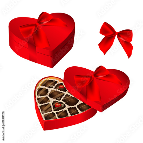 Realistic red heart shaped box of chocolates, tied with ribbon and bow. For valentine's day card and gift design. Opened and closed box vector illustration on white background