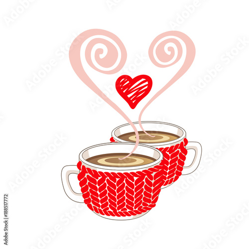 Two cocoa or coffee cups with heart shaped steam and knitted mug cosy. Vector illustration isolated on white background