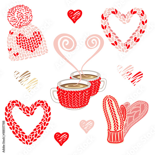 Saint valentine's day illustration. Two cocoa or coffee cups with steam and knitted mug cosy. Knitted winter accessories: hat, mittens, snood scarf. Vector illustration isolated on white background