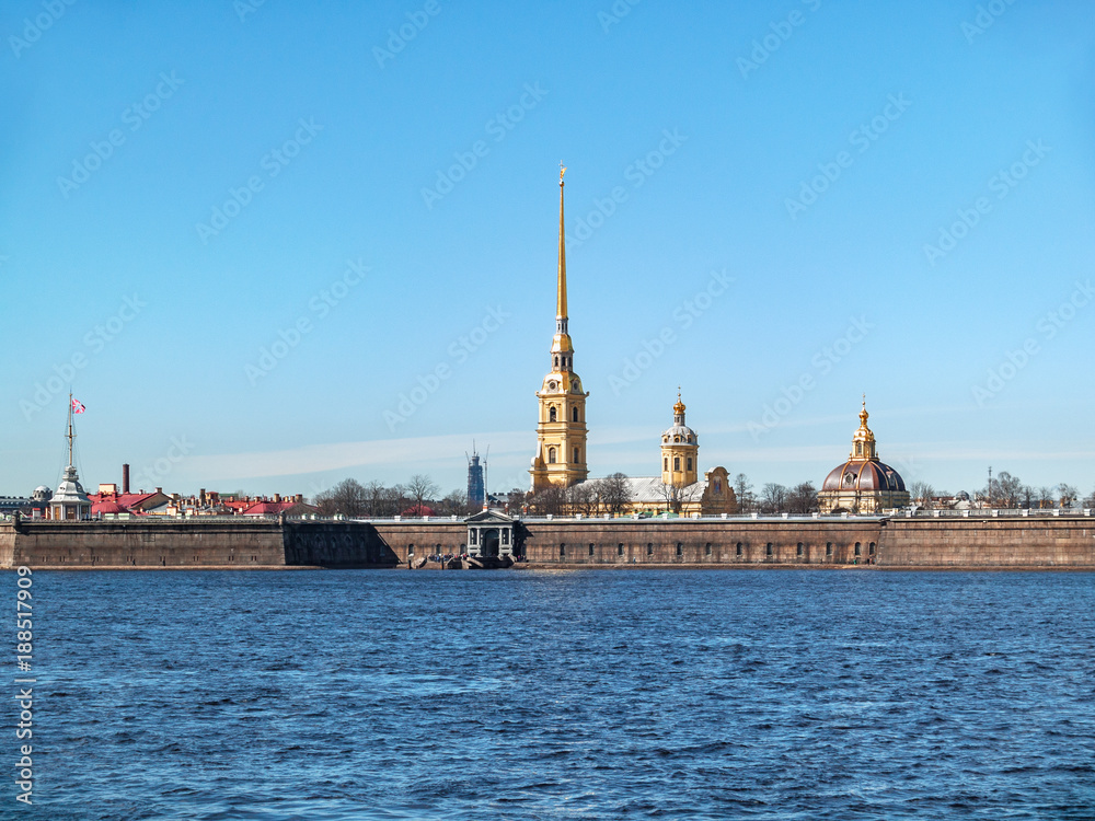 Panorama of the Peter and Paul Fortress in the city of St. Petersburg in the early spring in April