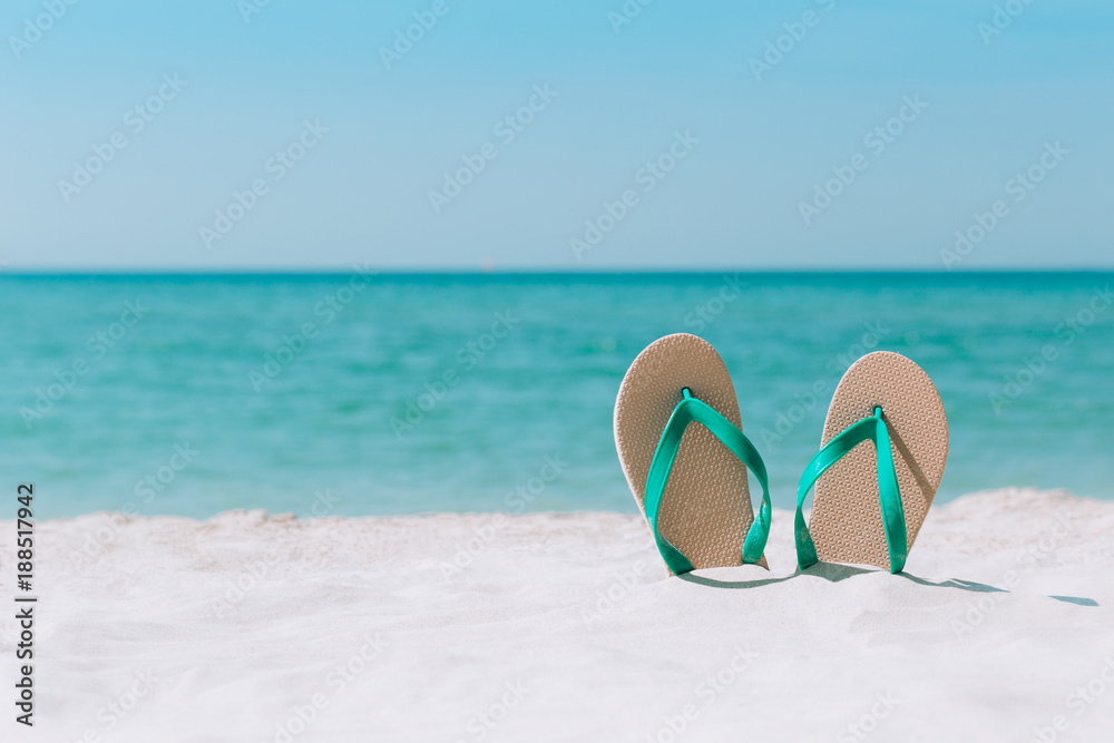 Naklejka premium Ocean landscape And sandals on the beach. Welcome summer