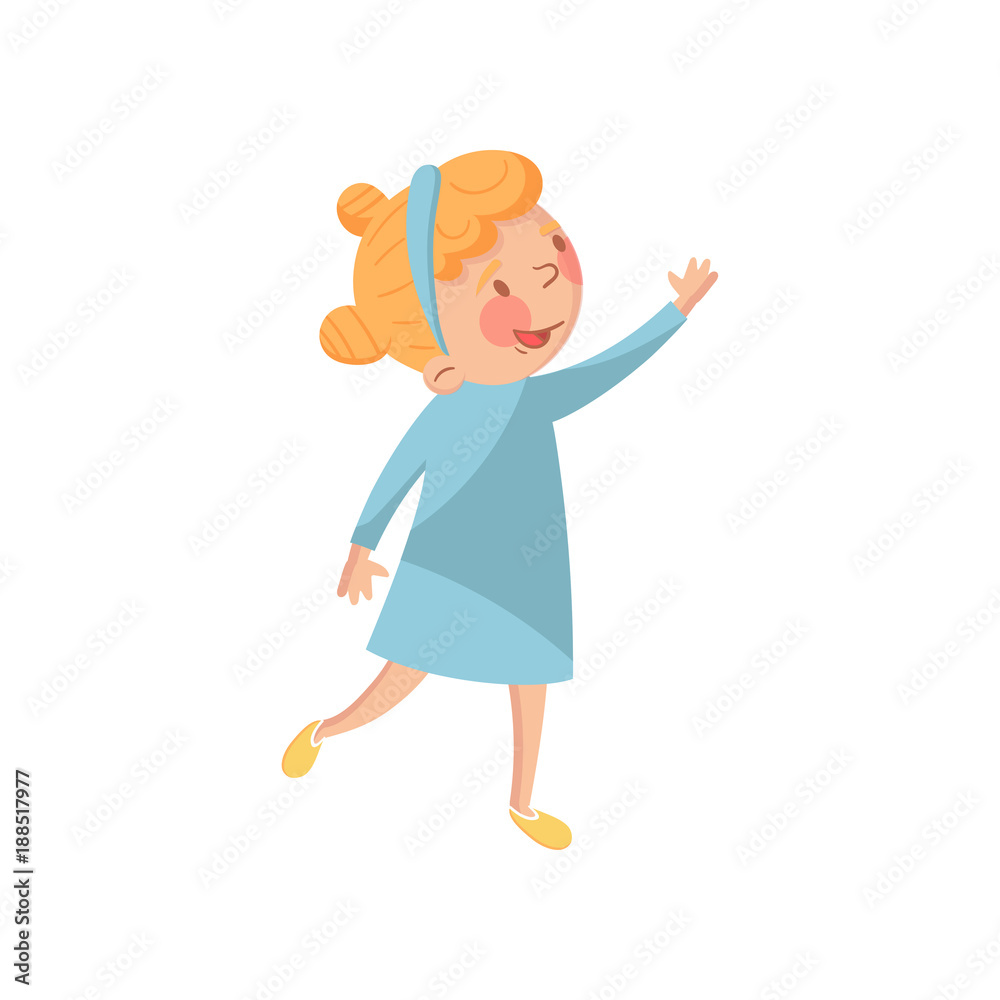 Sweet little girl in a blue dress cartoon character vector Illustration