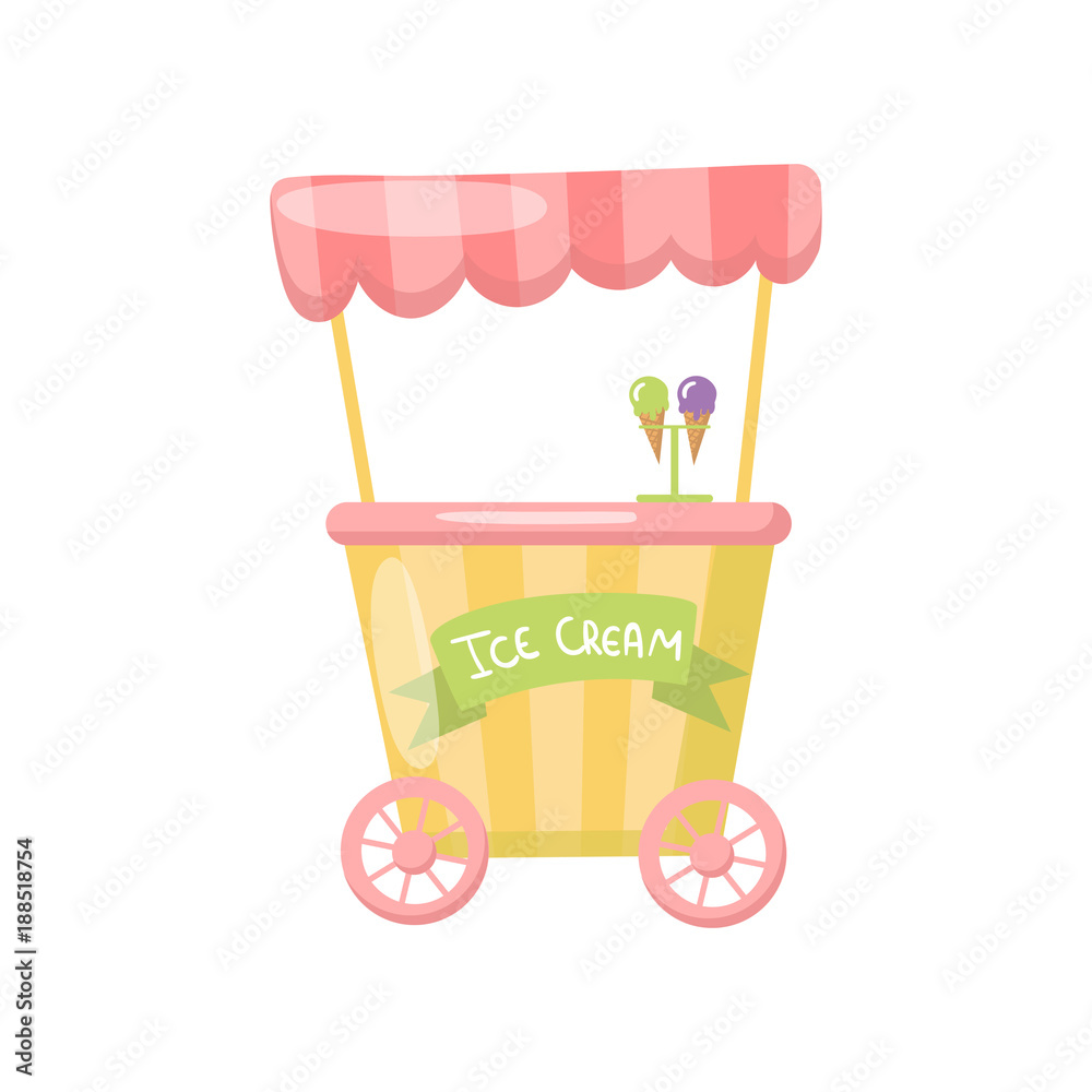 Ice cream cart on wheels, food kiosk cartoon vector Illustration Stock