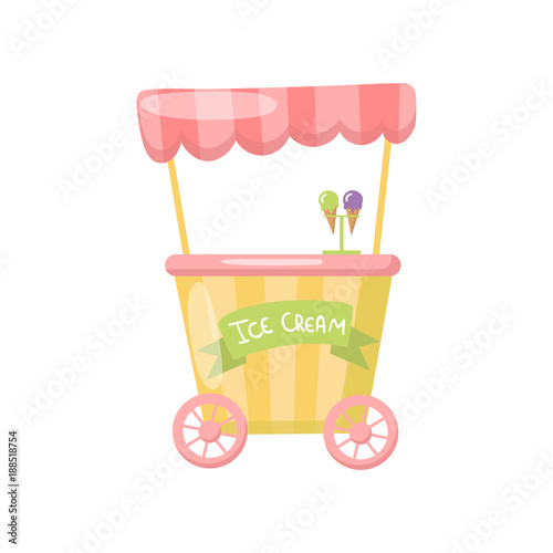 Ice cream cart on wheels, food kiosk cartoon vector Illustration