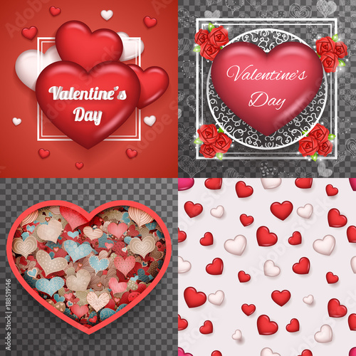Valentine Day Heart Realistic 3d Symbol Transparent Doodle Background Greating Card Template Mock up Design Set Vector Illustration