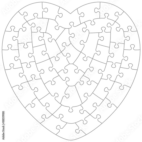 Heart shaped jigsaw puzzle blank template with irregular hand-cut style transparent (for vector mode) pieces, suitable for Valentine's Day, wedding and romantic designs and projects

