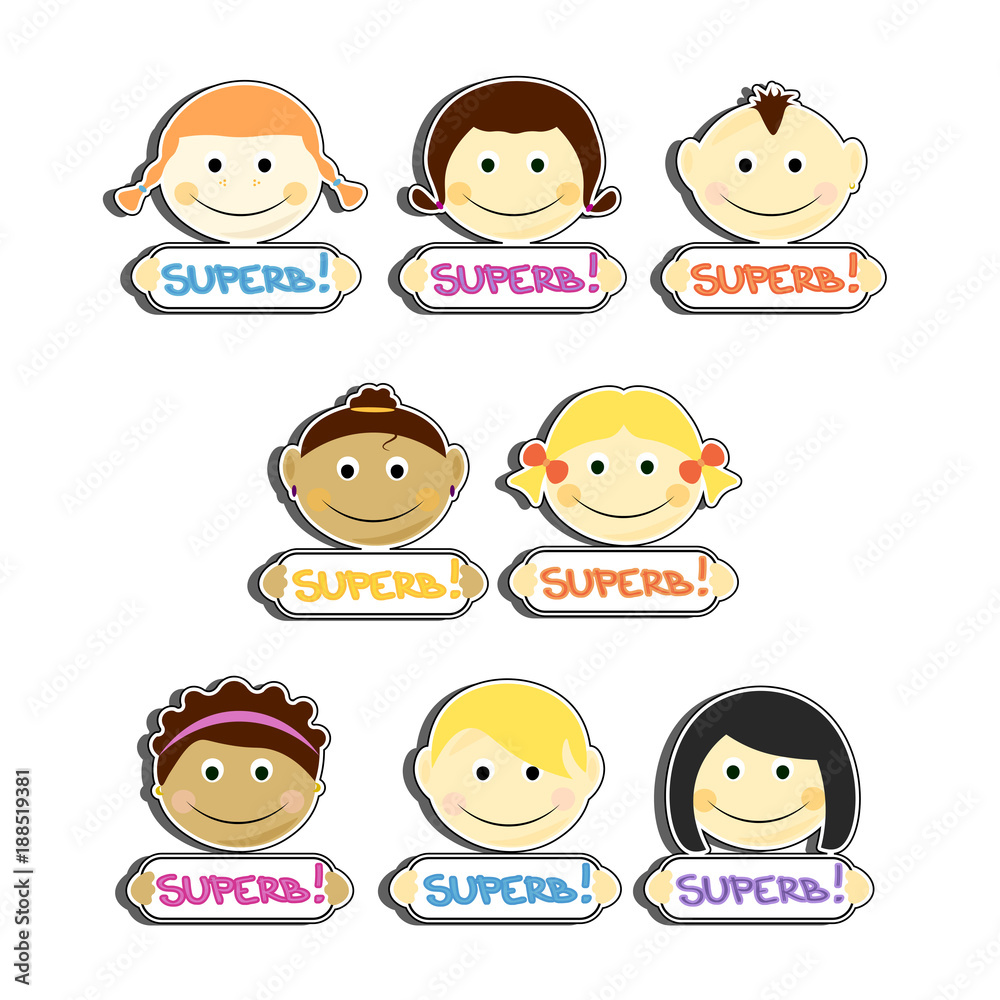 Kids with Superb label plates set vector illustration. Portraits with smile and various hairstyle Kids with Superb label plates set vector illustration. Portraits with smile and various hairstyle