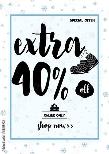 Big winter sale coupon with black calligraphy font. Vector illustration In candinavian style, salling card, coupon, banner, poster, voucher, flyer photo