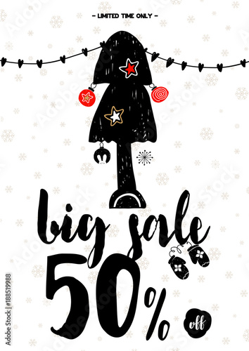 Big winter sale coupon with black calligraphy font. Vector illustration In candinavian style, salling card, coupon, banner, poster, voucher, flyer photo