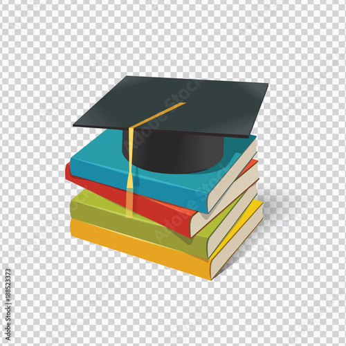 Vector pile of books, mortarboard and infographics.